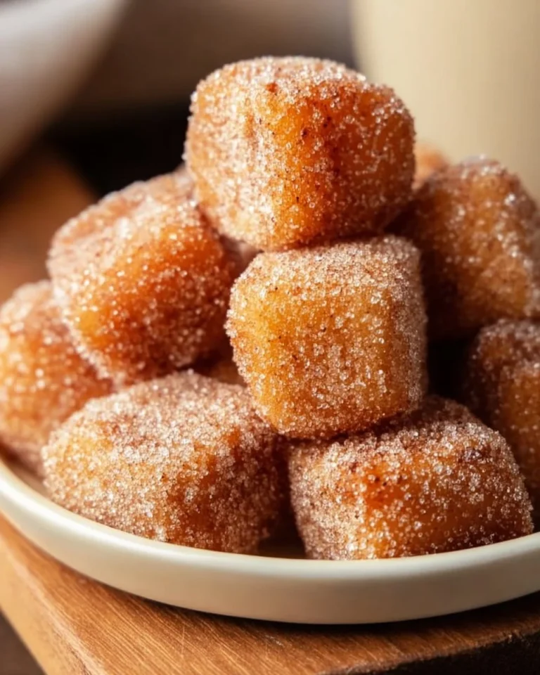 Delicious crispy air fryer churro bites on a plate with cinnamon sugar.