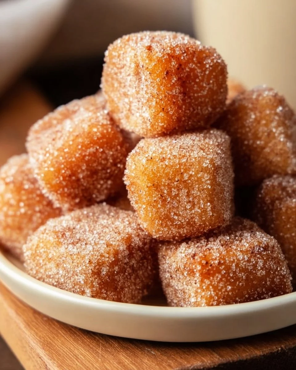 Delicious crispy air fryer churro bites on a plate with cinnamon sugar.