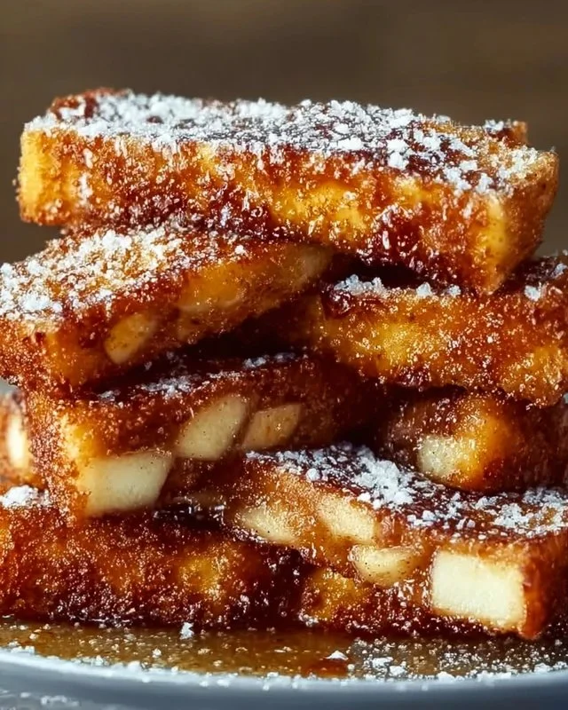 Crispy apple cinnamon French toast sticks served on a plate