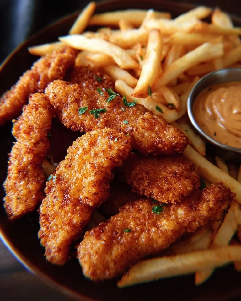 Crispy Cajun chicken strips with golden fries on a plate