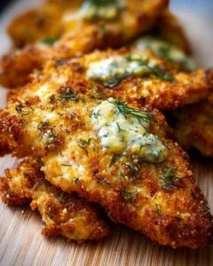 Crispy Dill Pickle Parmesan Chicken served on a plate with garnishes.
