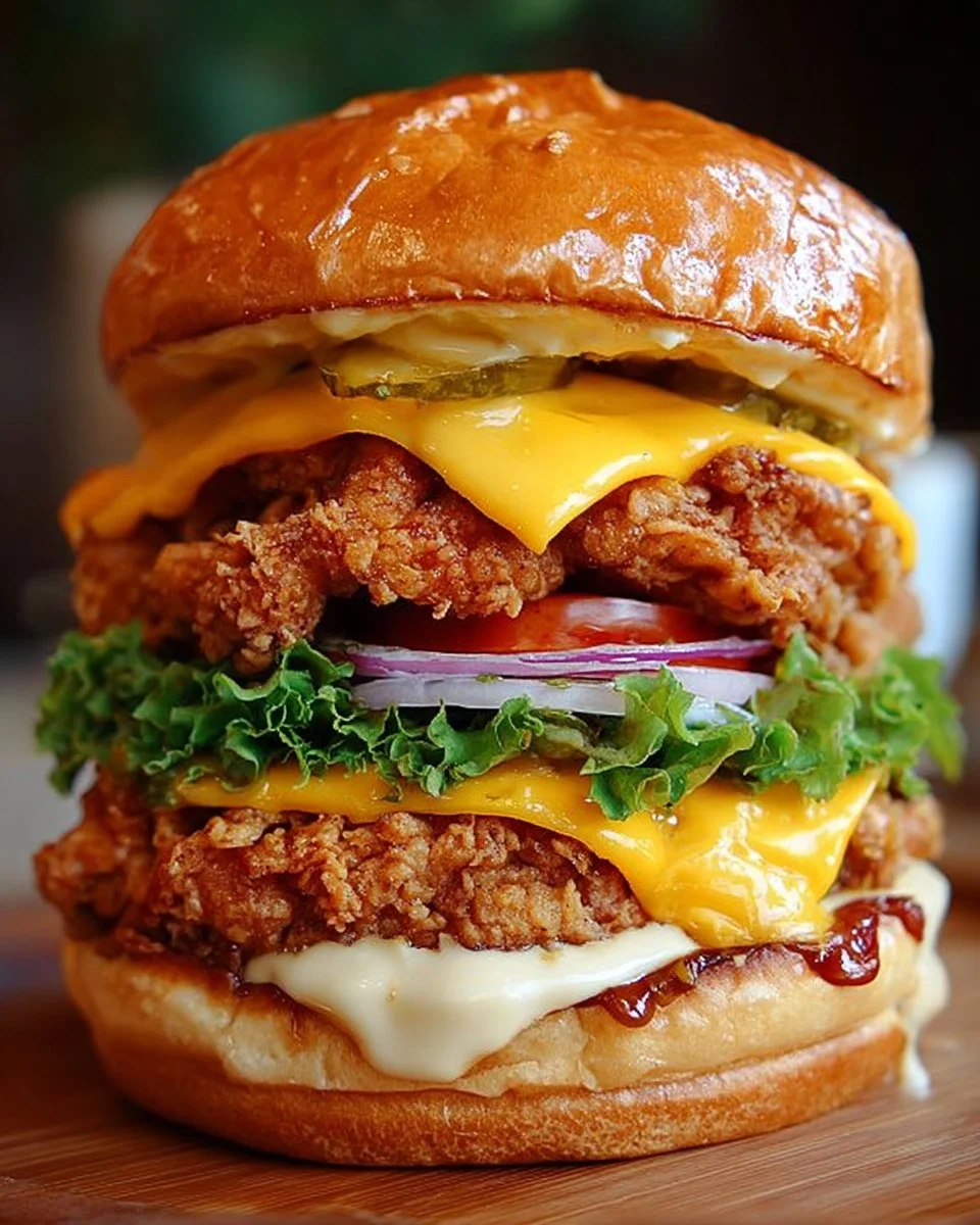 Crispy double-fried chicken cheeseburger with cheese and fresh toppings