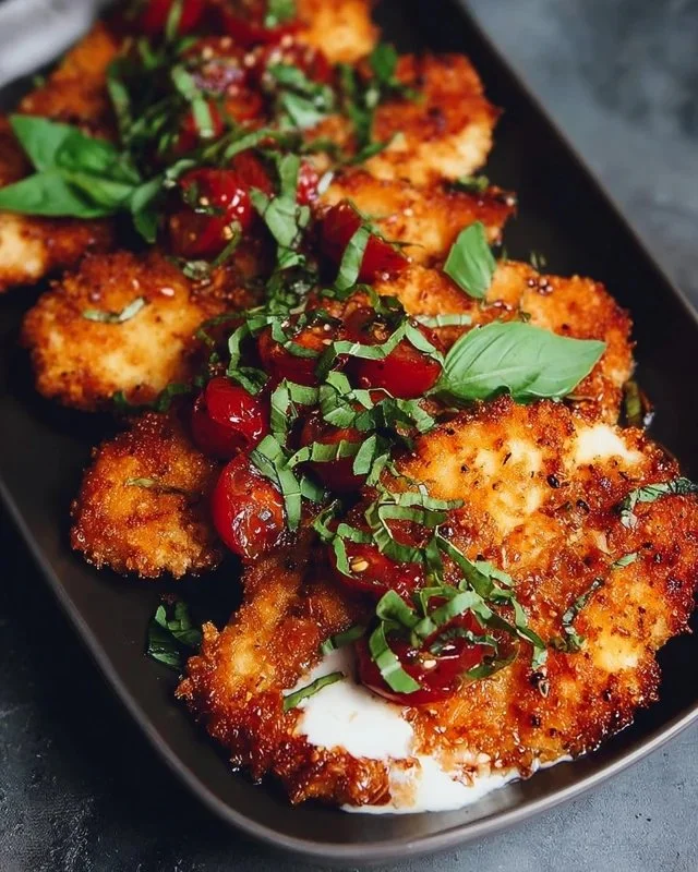 Crispy Parmesan-Basil Chicken cutlets served with fresh herbs