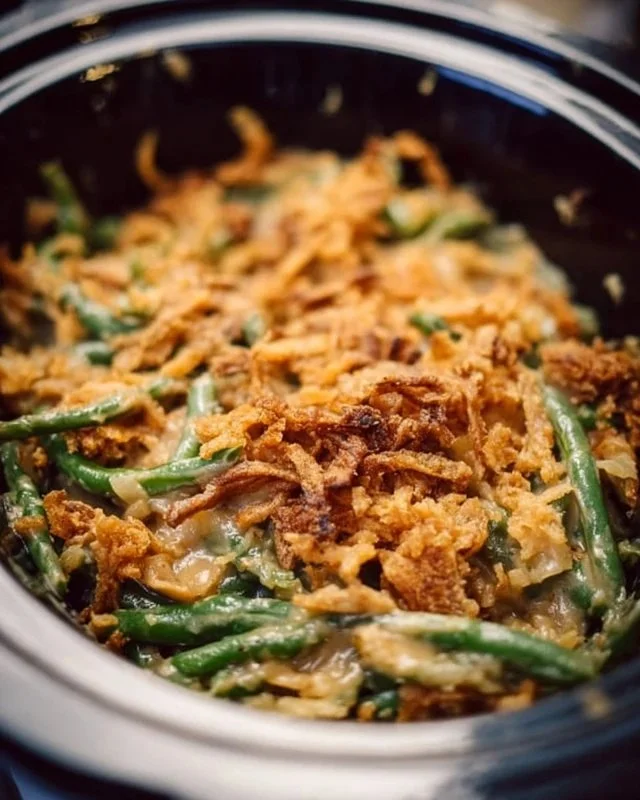 Delicious crock pot green bean casserole topped with crispy onions