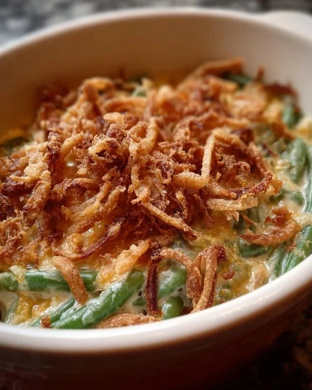 Crockpot Green Bean Casserole served in a festive dish
