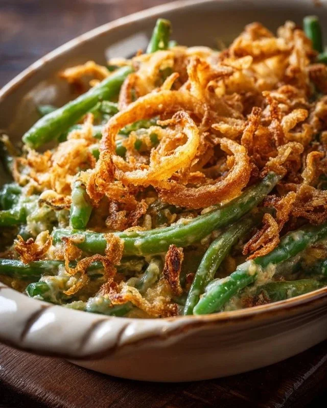 Crockpot green bean casserole served in a dish, perfect for family meals.
