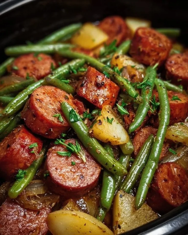 Crockpot kielbasa served with fresh green beans in a bowl