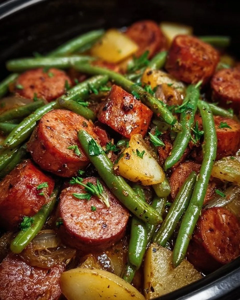 Crockpot kielbasa served with fresh green beans in a bowl