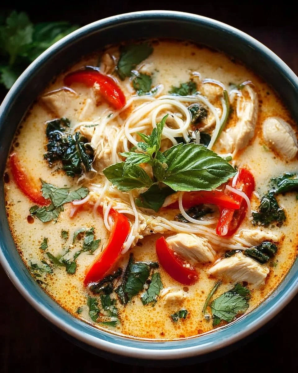 Delicious Crockpot Thai Coconut Chicken Soup served in a bowl