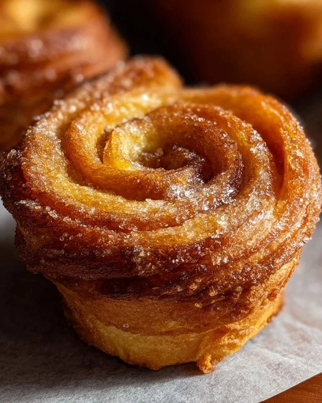 Freshly baked cruffin with flaky layers and creamy filling