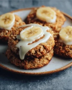 Crumbl banana bread cookies topped with cream cheese glaze