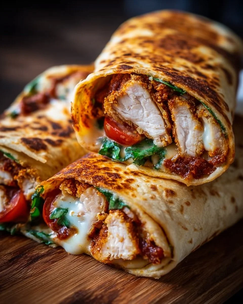 Crunchy crispy air fryer chicken and mozzarella wraps served on a plate.