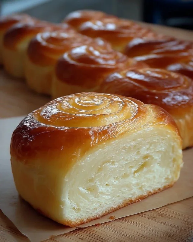 Freshly baked custard-filled sweet bread on a cooling rack.