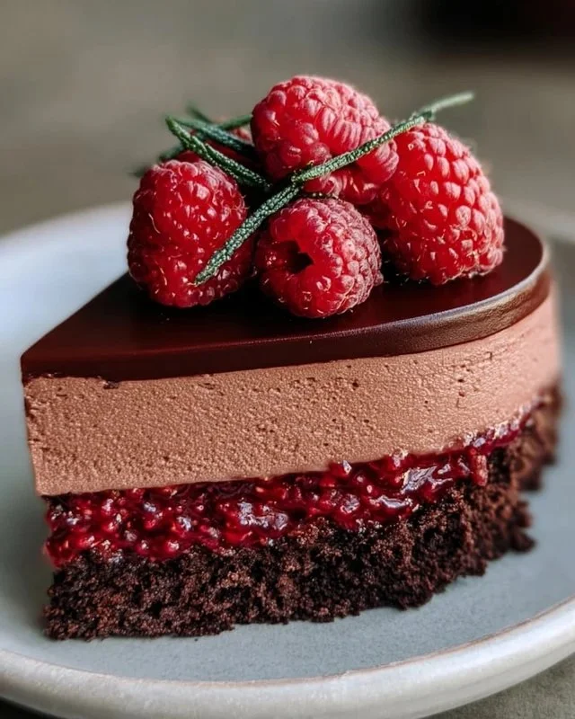 Decadent dark chocolate raspberry mousse cake topped with fresh raspberries
