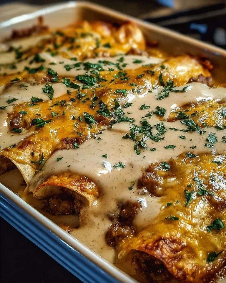 Delicious breakfast enchiladas with sausage gravy topped with fresh herbs.