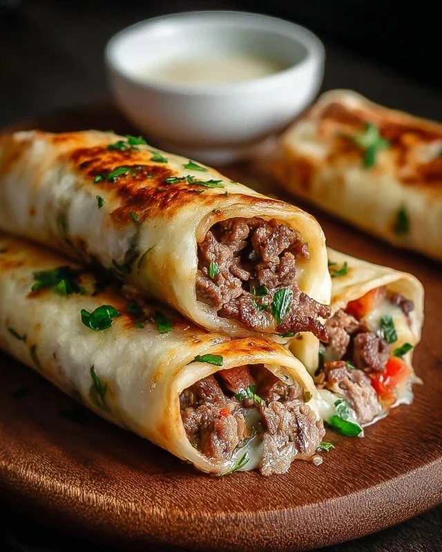 Keto Philly Cheesesteak Roll Ups topped with cheese and peppers on a plate