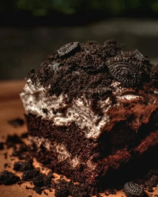 Delicious homemade dirt cake topped with gummy worms and chocolate