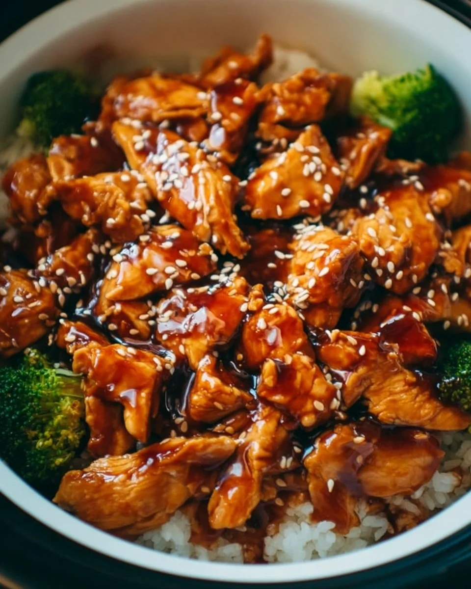 Slow-cooked teriyaki chicken in a crockpot, ready to serve with rice and vegetables.