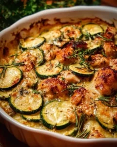 Delicious easy chicken zucchini bake topped with cheese and herbs.