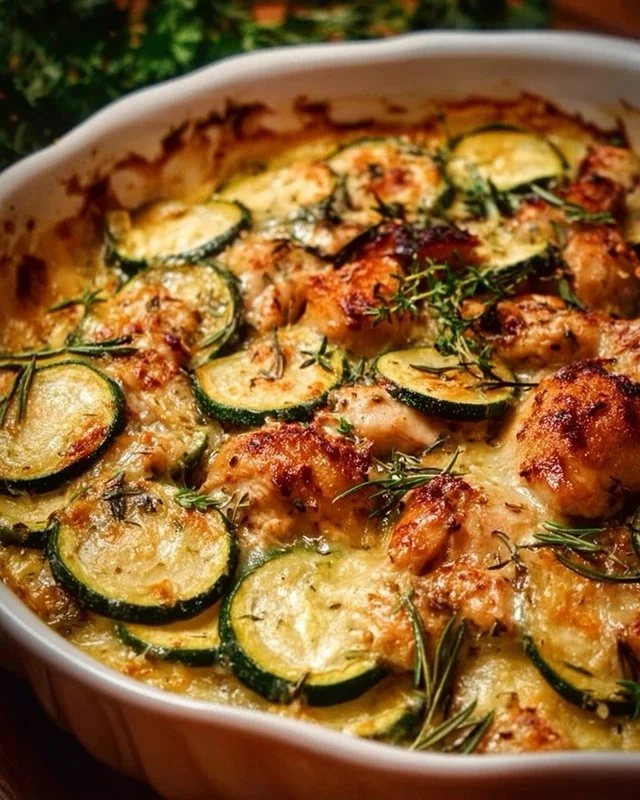 Delicious easy chicken zucchini bake topped with cheese and herbs.