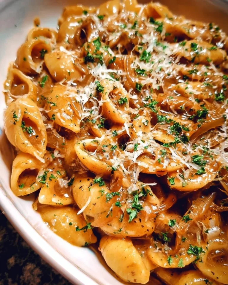 Delicious Easy French Onion Pasta topped with melted cheese and caramelized onions