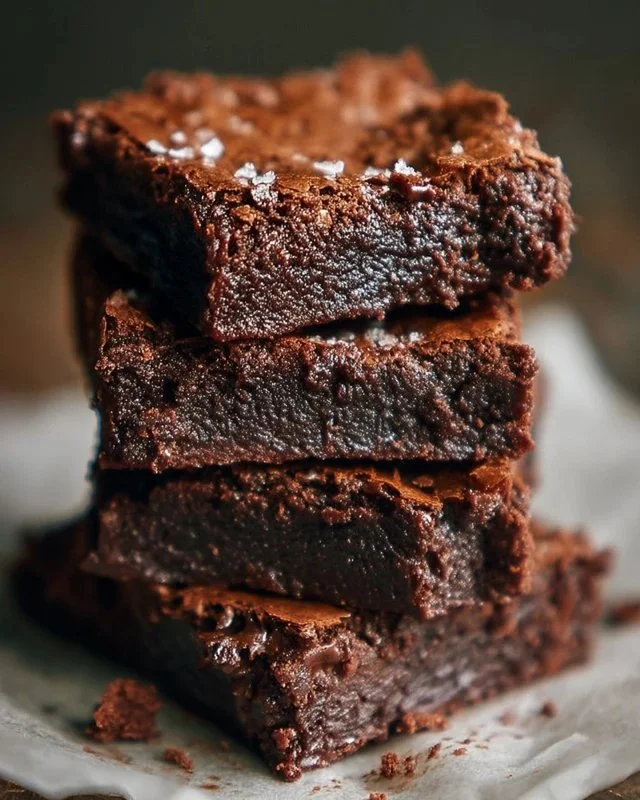 Delicious easy fudgy brownies on a white plate with a chocolate drizzle.