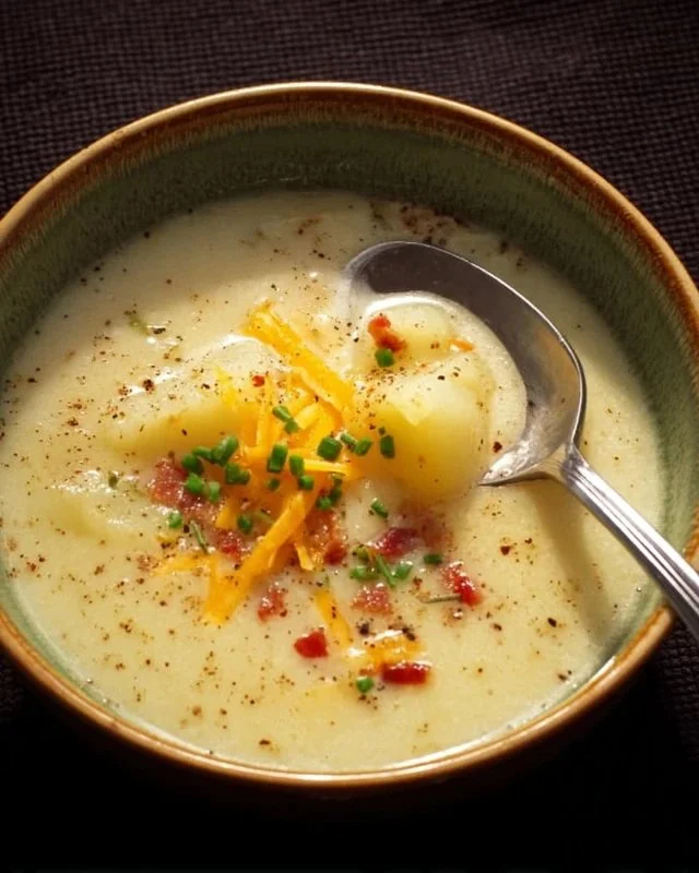 Bowl of easy potato soup garnished with herbs and fresh ingredients