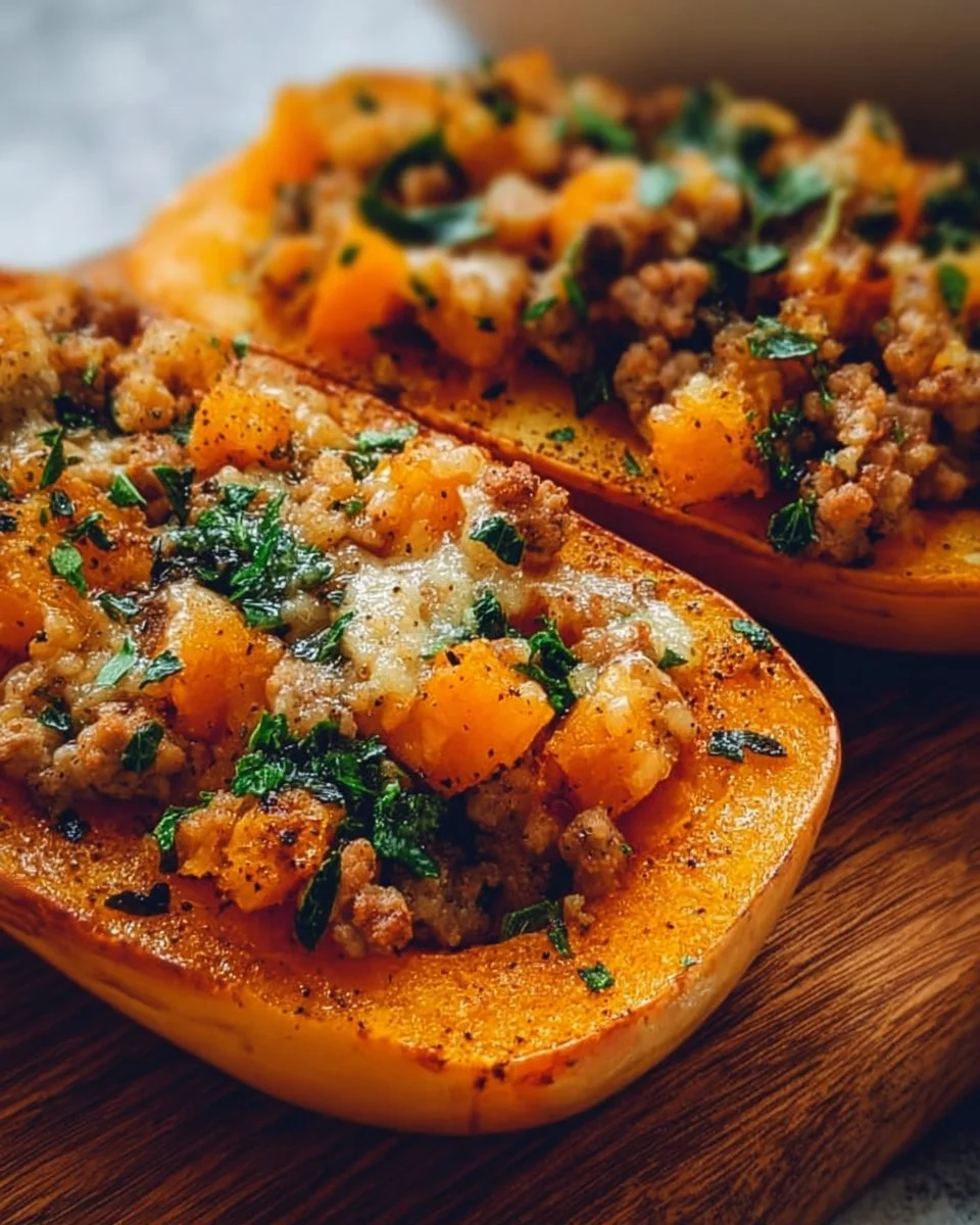 Easy roasted butternut squash dish with ground turkey on a plate.
