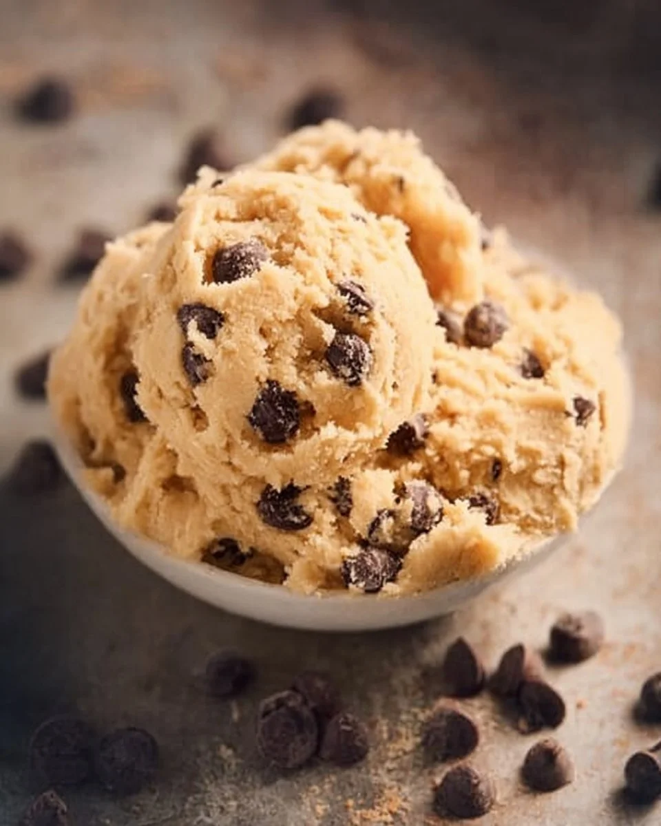 Homemade edible chocolate chip cookie dough in a bowl with chocolate chips