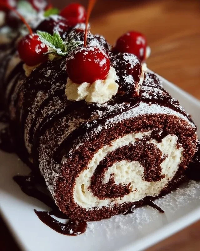 Elegant Black Forest Cake Roll with cherries and whipped cream