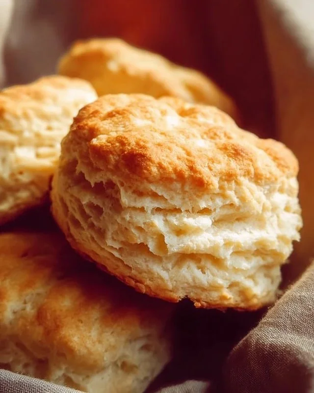 Fluffy homemade biscuits fresh out of the oven, golden brown and flaky.