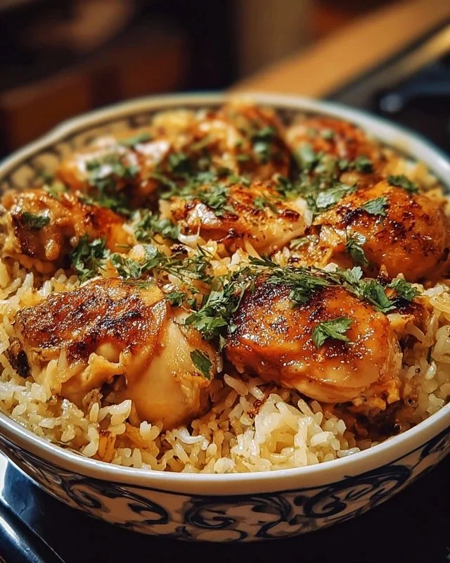 Delicious forgotten chicken and rice dish with herbs and spices