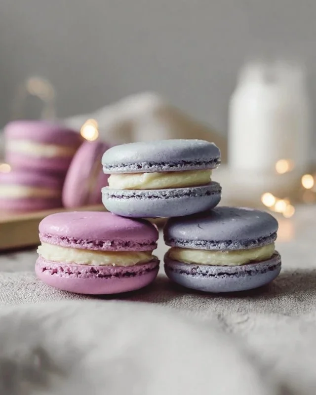 Colorful French macarons arranged on a plate