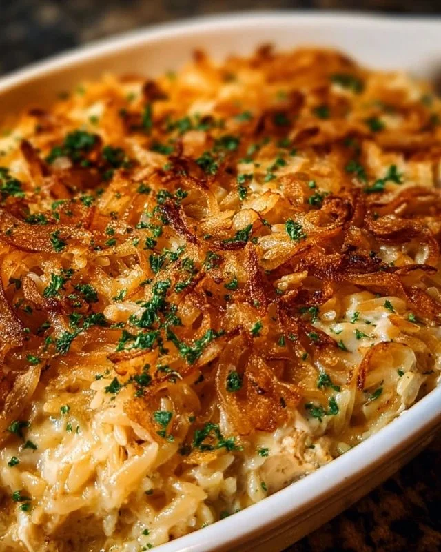 French onion chicken orzo casserole baked in a dish
