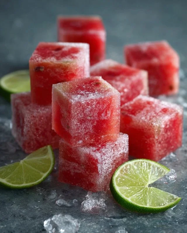 Frozen watermelon cubes with lime garnish for a refreshing summer snack