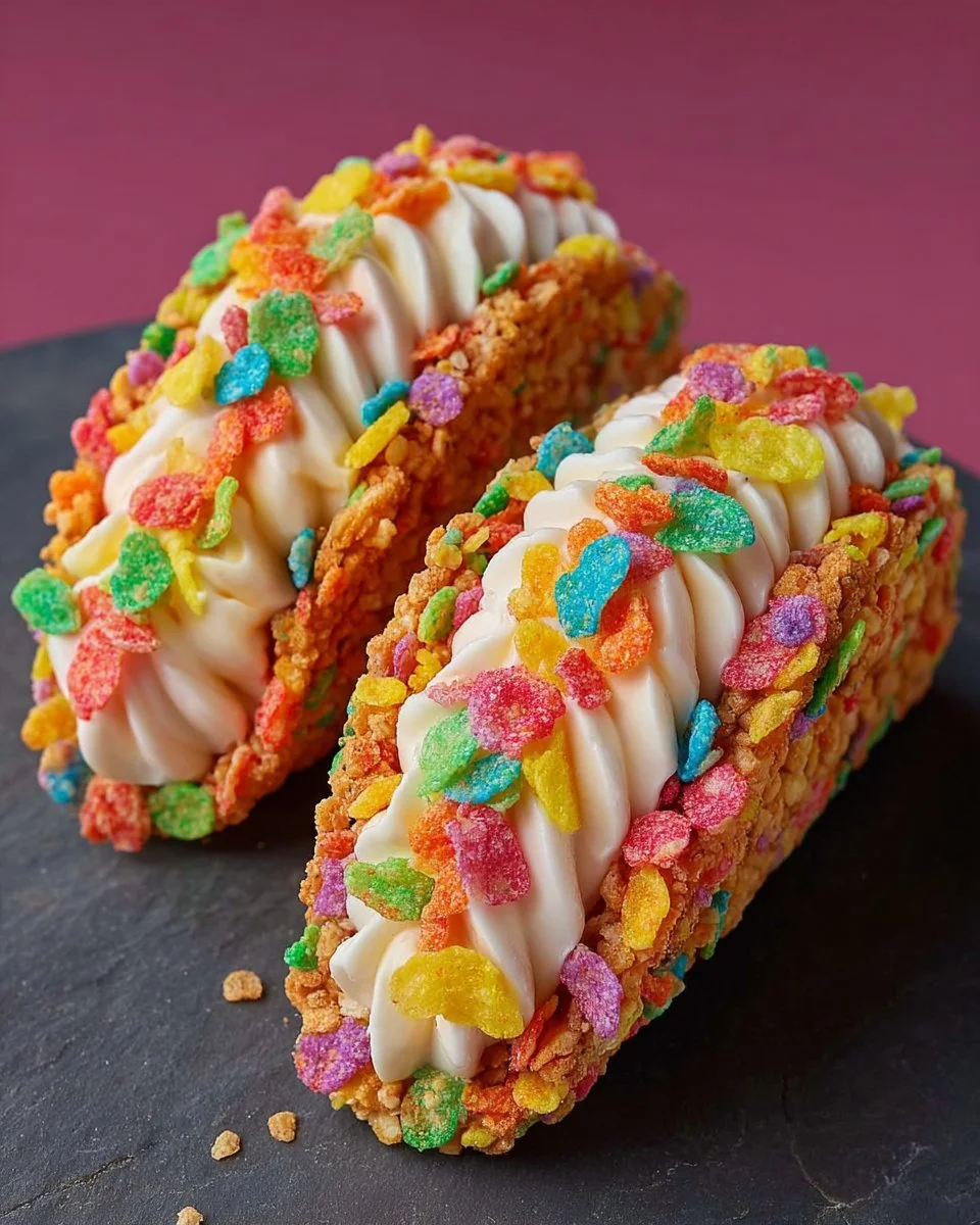 Fruity Pebbles Cheesecake Tacos dessert with colorful toppings