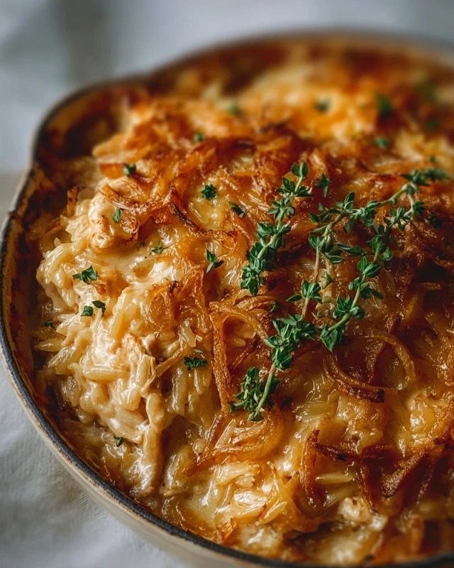 French Onion Chicken Orzo Casserole