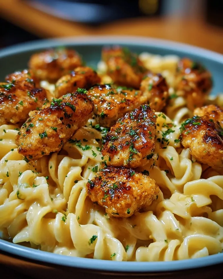 Delicious Garlic Butter Chicken Bites with creamy parmesan pasta dish.
