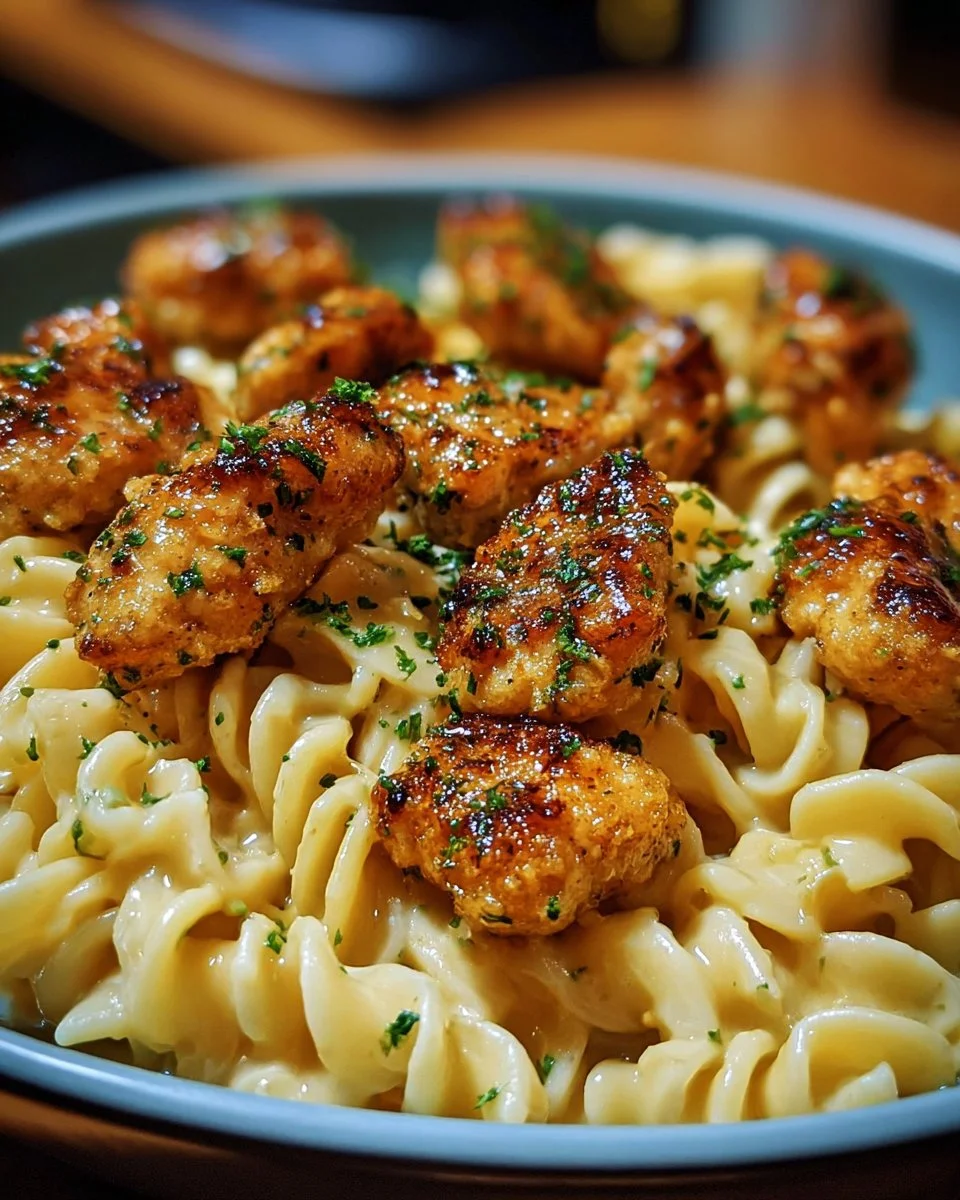 Delicious Garlic Butter Chicken Bites with creamy parmesan pasta dish.