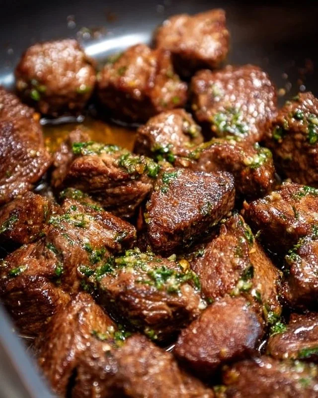 Delicious garlic butter steak bites served hot in a skillet