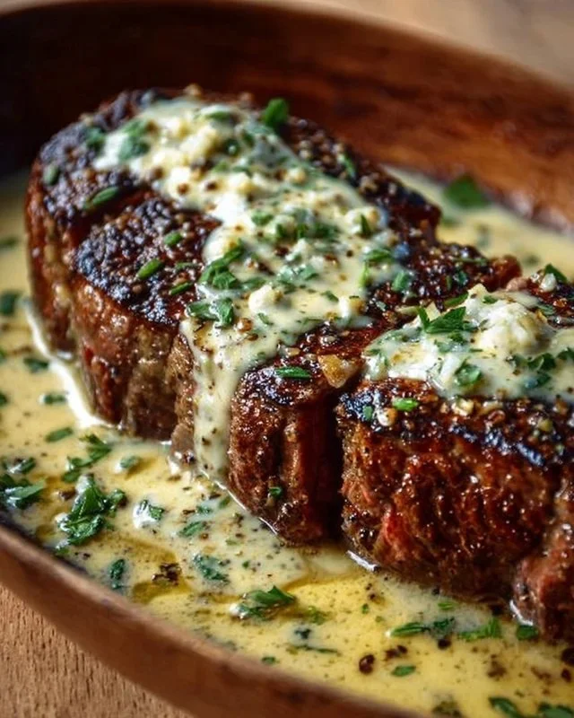 Garlic Butter Steak served with creamy Parmesan sauce on a plate