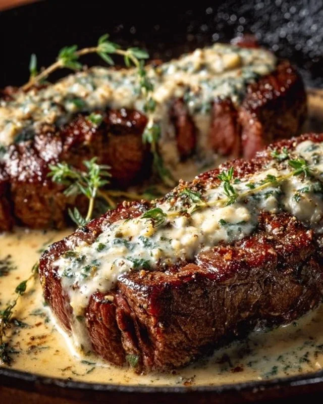 Garlic Butter Steak with creamy Parmesan sauce on a plate