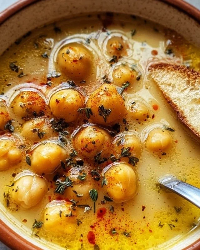 Bowl of delicious Garlic Chickpea Soup garnished with herbs and spices