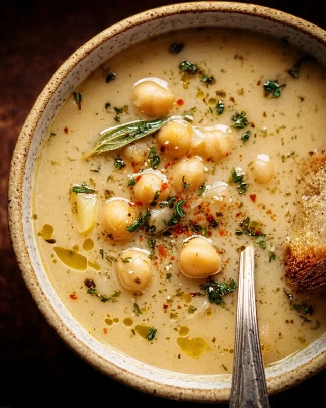 Delicious bowl of Garlic Chickpea Soup garnished with herbs