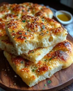 Freshly baked Garlic Parmesan Focaccia bread topped with herbs