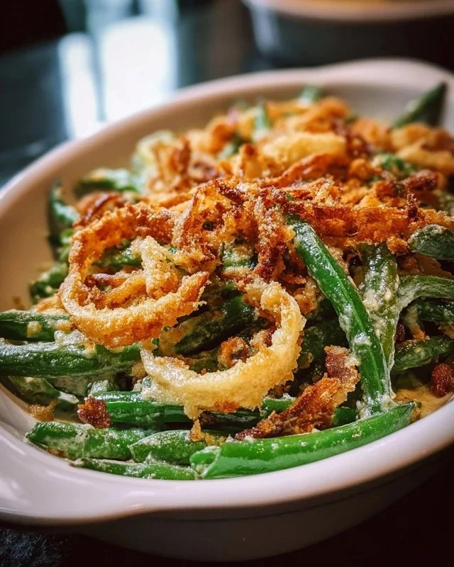 Garlic Parmesan Green Bean Casserole topped with crispy Parmesan and garlic