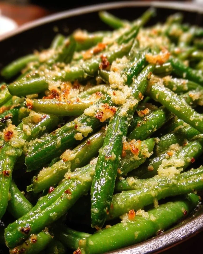 A bowl of Garlic Parmesan Green Beans garnished with cheese and garlic