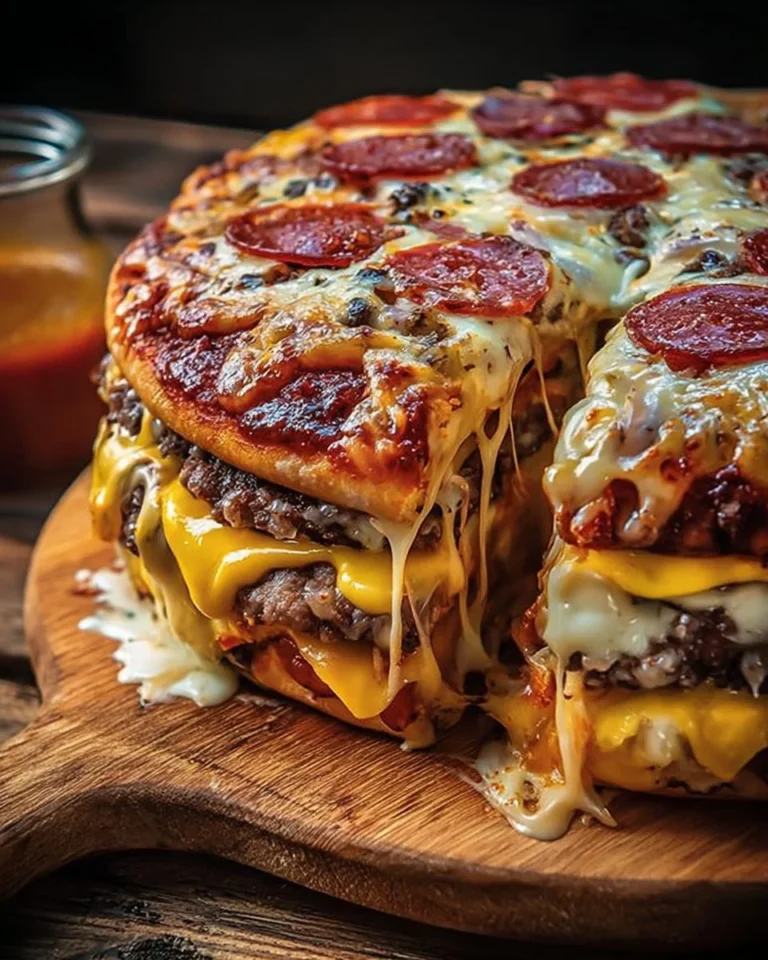 Giant Burger-Pizza topped with meat and cheese for a delicious meal