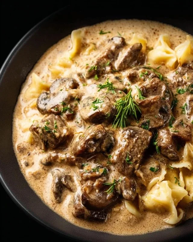 Gordon Ramsay's delicious Beef Stroganoff served with noodles.