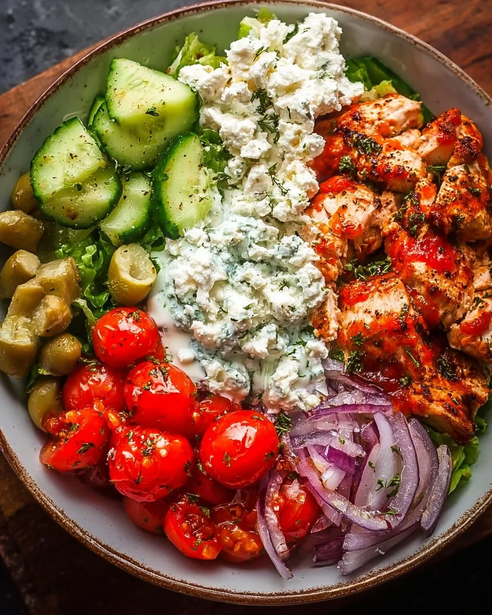 Delicious Greek Chicken Bowls with fresh vegetables and feta cheese